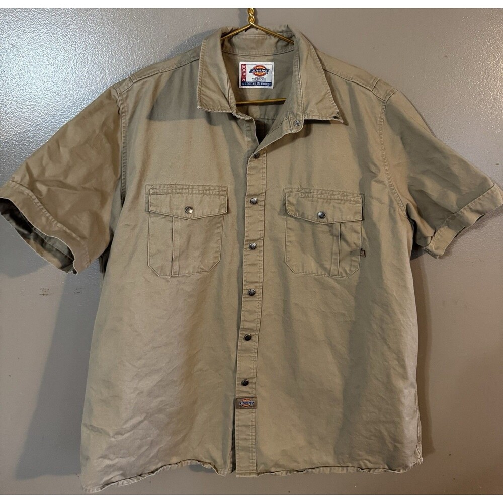 Dickies khaki workwear short sleeve snap button cotton shirt size XL heavy duty